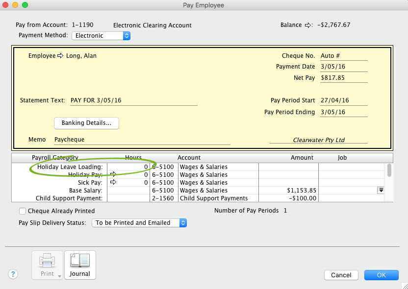 Leave loading australia only support notes myob accountedge myob